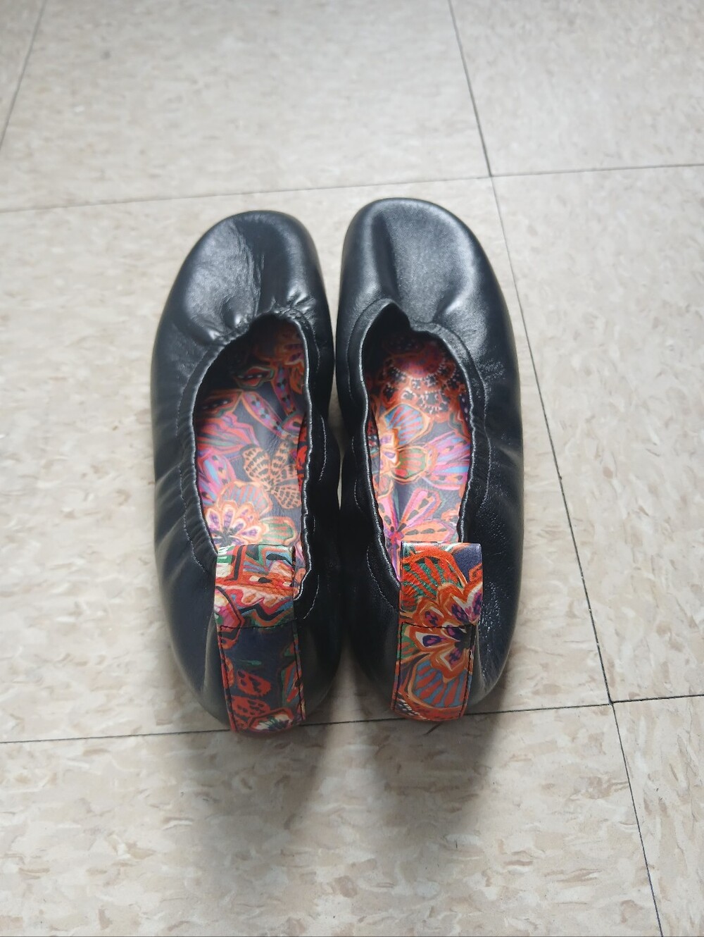 Johnny Was Black Elastic Ballet Flats with Floral Lining